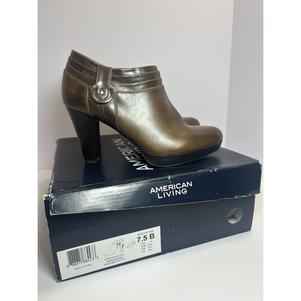 American Living Brown Faux Leather Ankle Boots Heeled Booties Side Zip Women 7.5